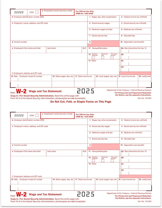 W2 Forms 2025, 6 Part Tax Forms, 25 Employee Kit of Laser Forms Designed - Image 2