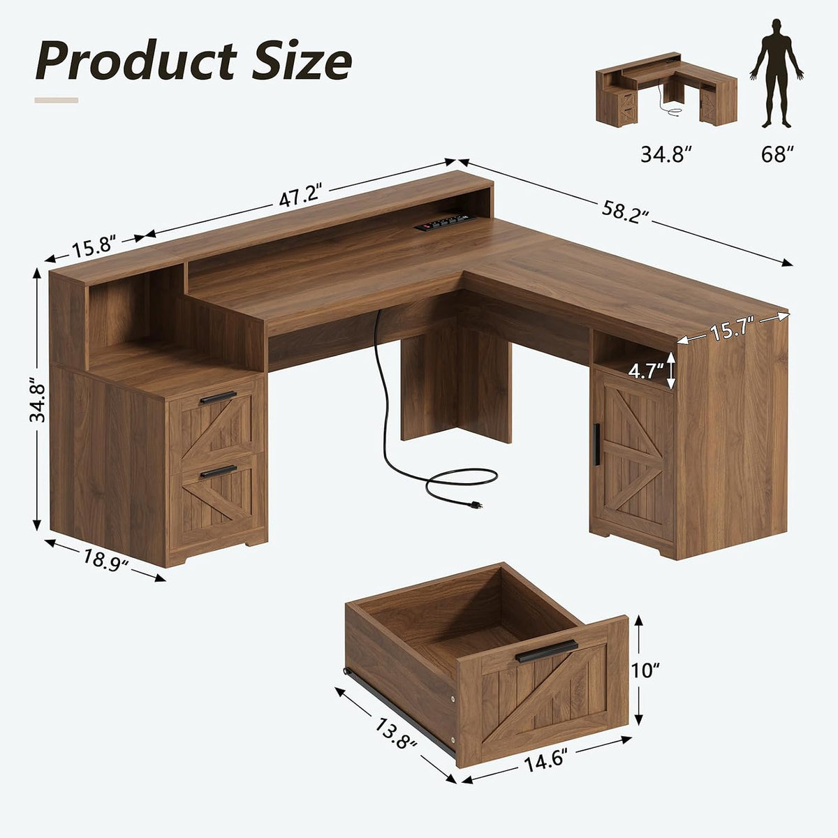 Farmhouse L Shaped Desk with Drawers & Printer Shelf for Home Office