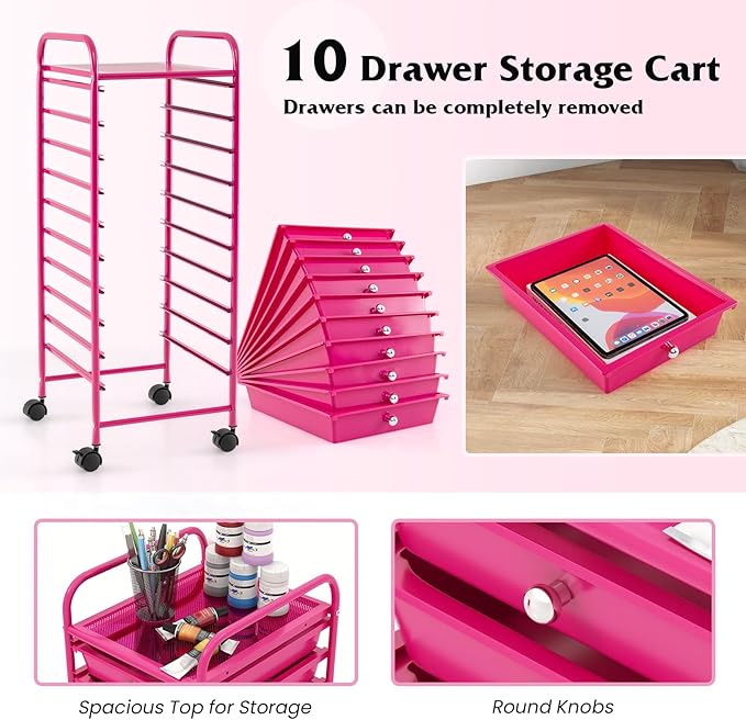 Giantex 10-Drawer Storage Cart w/Universal Wheel, Rolling Cart w/Handle - Image 5