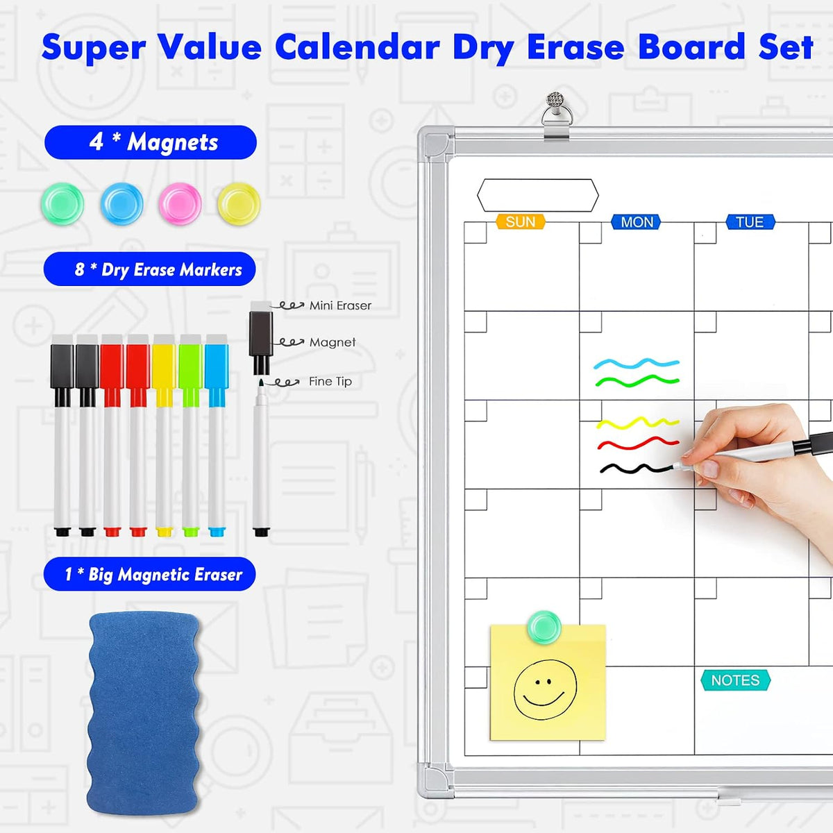 White Board Calendar Dry Erase for Wall, 36" x 24" Aluminum Frame