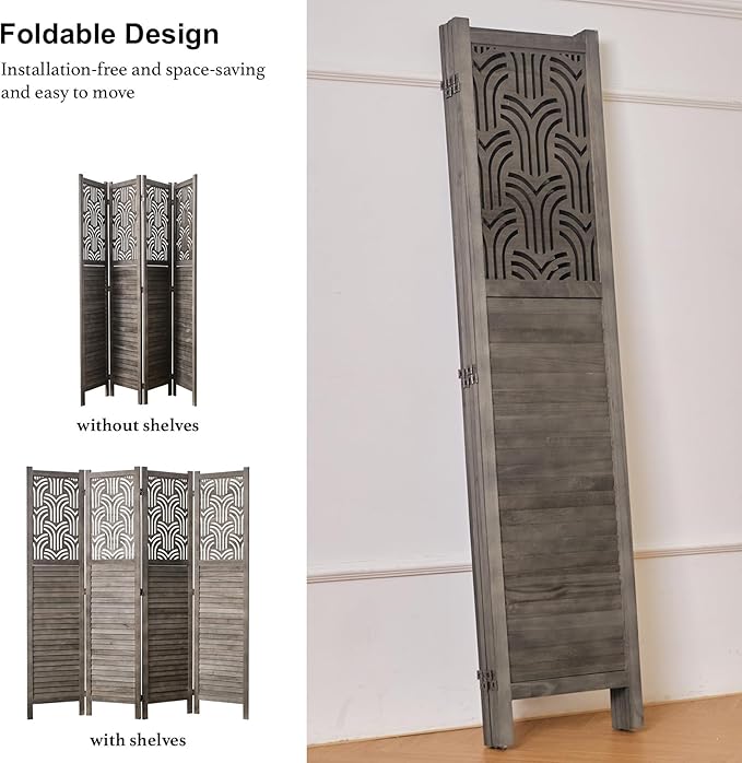 Svimi Folding Room Divider, 66.9 Inch 4 Panels Wood Carved Privacy Screens - Image 3