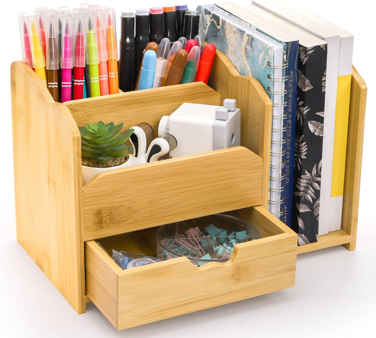ZAVOOS Bamboo Desk Organizer with Drawer Pen Holder, 5 Compartments