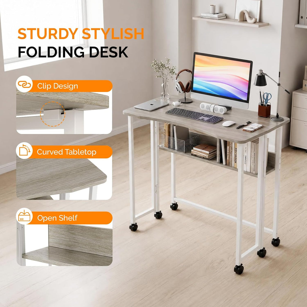 VINGLI 31.5 Inch Folding Computer Table, Small Rolling Desk with Storage Shel...