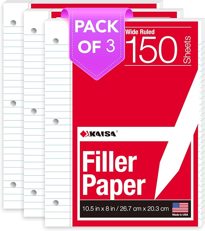 KAISA Filler Paper Loose Leaf Paper, Wide Ruled Paper, 3-Hole Punched Binder by KAISA