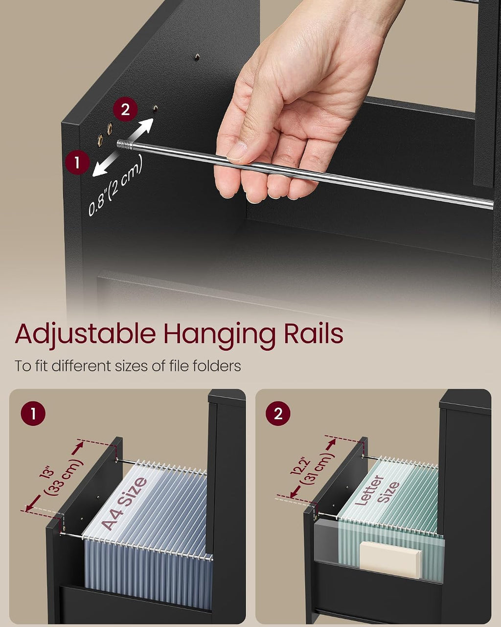 vasagle 2-drawer file cabinet, small rolling filing cabinet showing dimensions