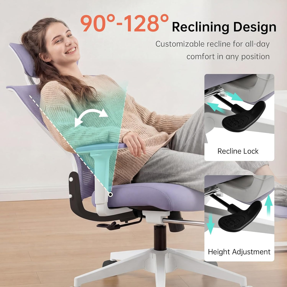 Ergonomic Foldable Office Chair with Footrest and Lumbar Support, Purple