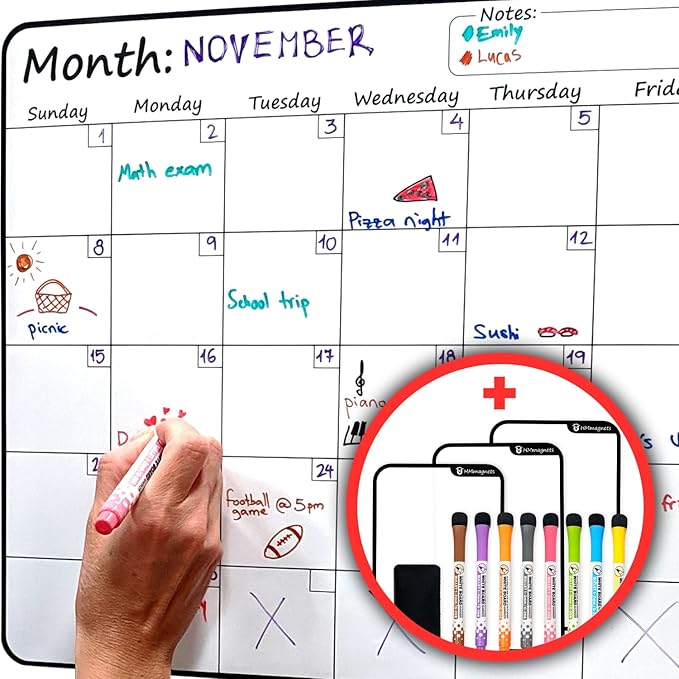 Large Dry-Erase Magnetic Monthly Calendar + Free Bonus: 3 Grocery/to-Do List by HMmagnets