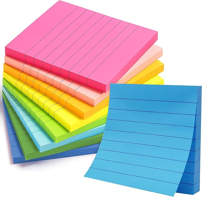 Lined Sticky Notes 3x3 Pack of 8, Bright Colored Super Self Sticky Pads by Infiniko