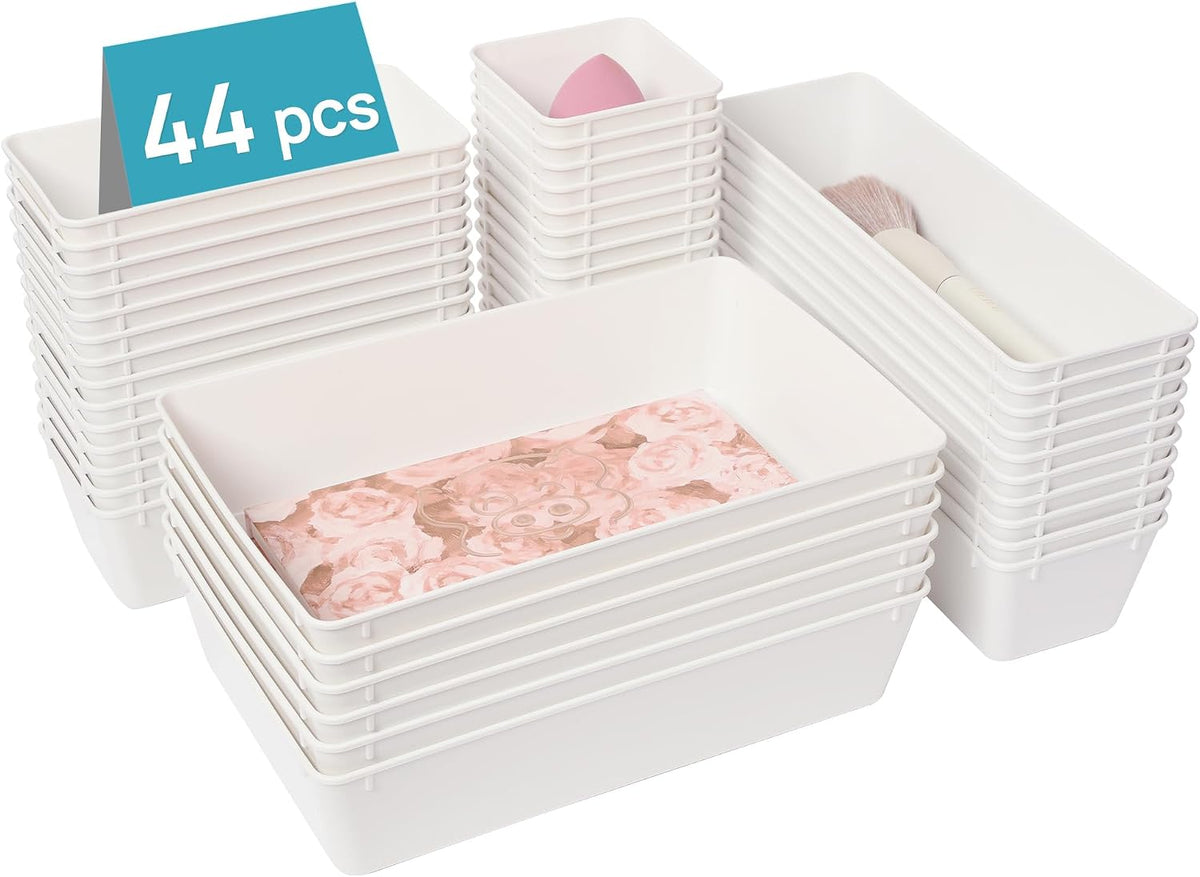 Vtopmart 44 PCS Plastic Drawer Organizer Set, Vanity Organizer Trays, White