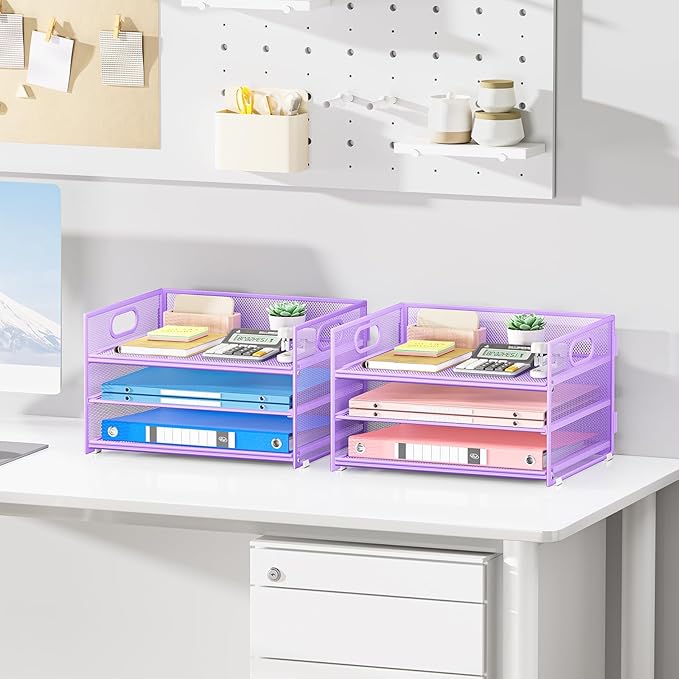 Subekyu 2-Pack 3-Tier Purple Metal Mesh Desk Paper Letter Tray & File Sorter - Image 3