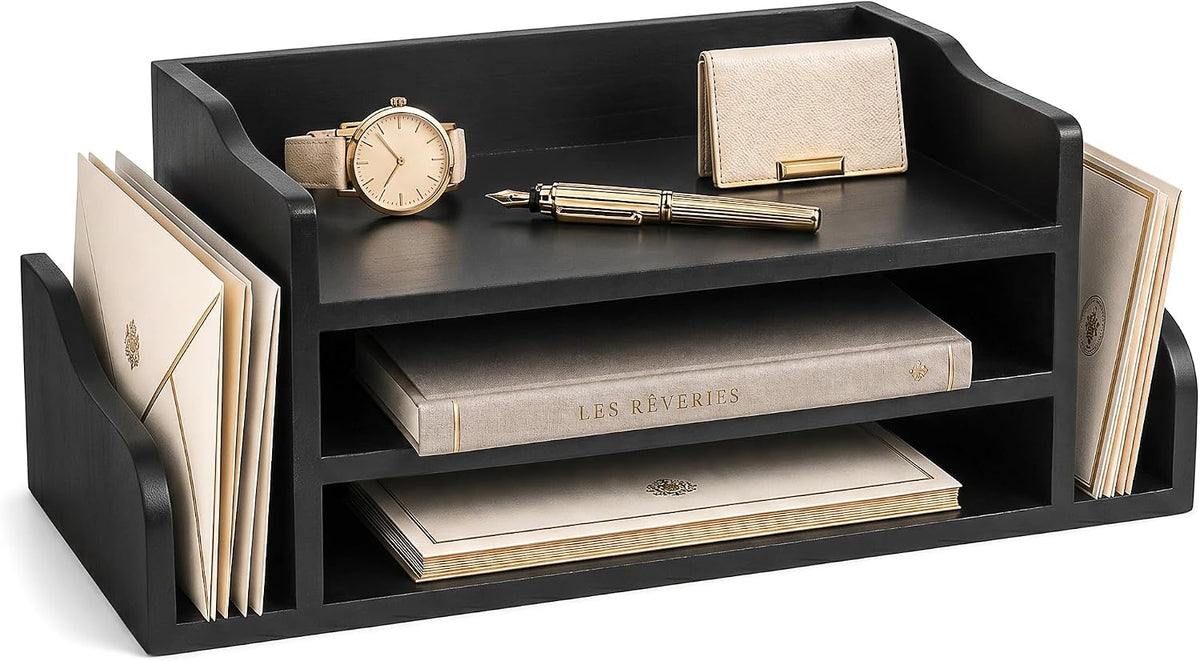 Wood Desk Organizer: File Organizer for Classroom & Office Storage, Black