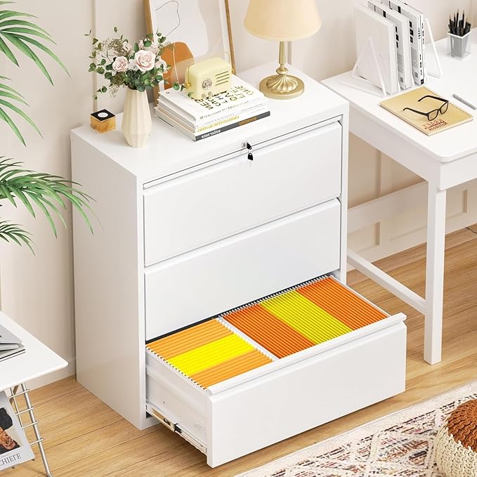 INTERGREAT 3-Drawer White Lateral File Cabinet, Locking Metal Lateral Filing by INTERGREAT