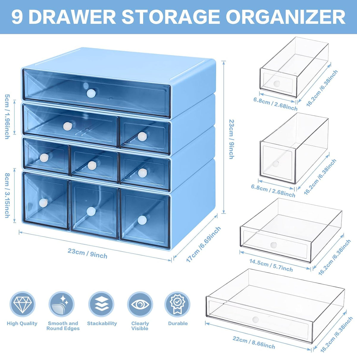 Desk Storage Organizer with 9 Drawers, 4 Tiers Stackable Desktop Craft Storag...