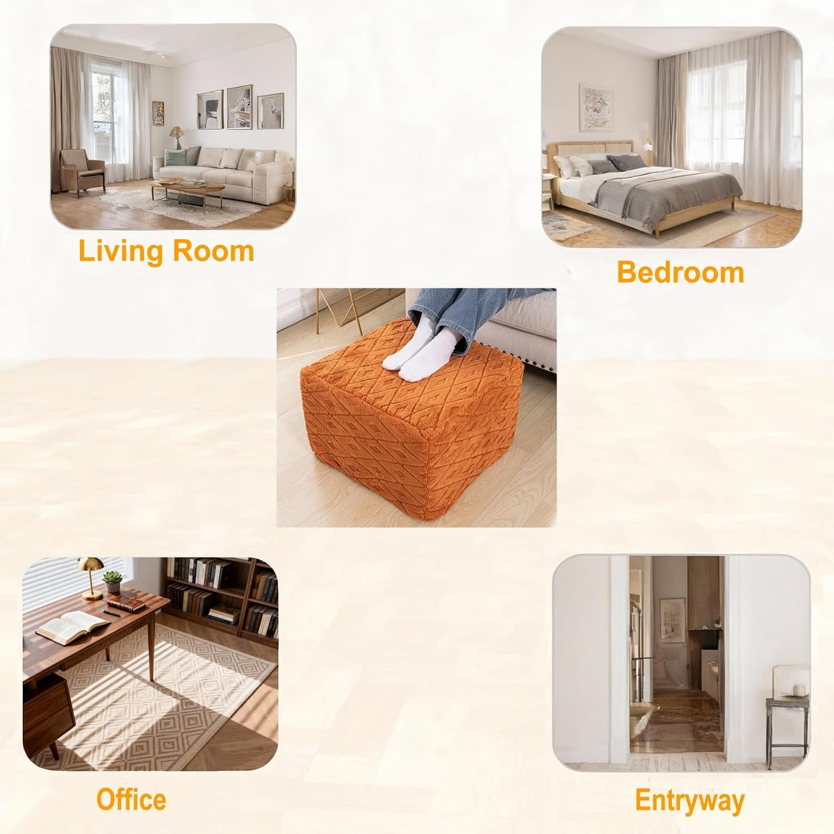 Square Ottoman Pouf,Couch FootRest,Footstool,Orange, 20x20x14 in