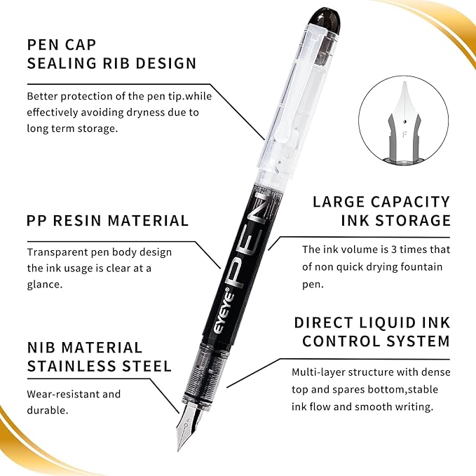 EYEYE Disposable Fountain Pens Fine Point, 8 Pack Black Pens - Image 3