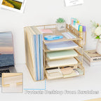 5-tier desk file organizer with drawer & pen on a desk or shelf