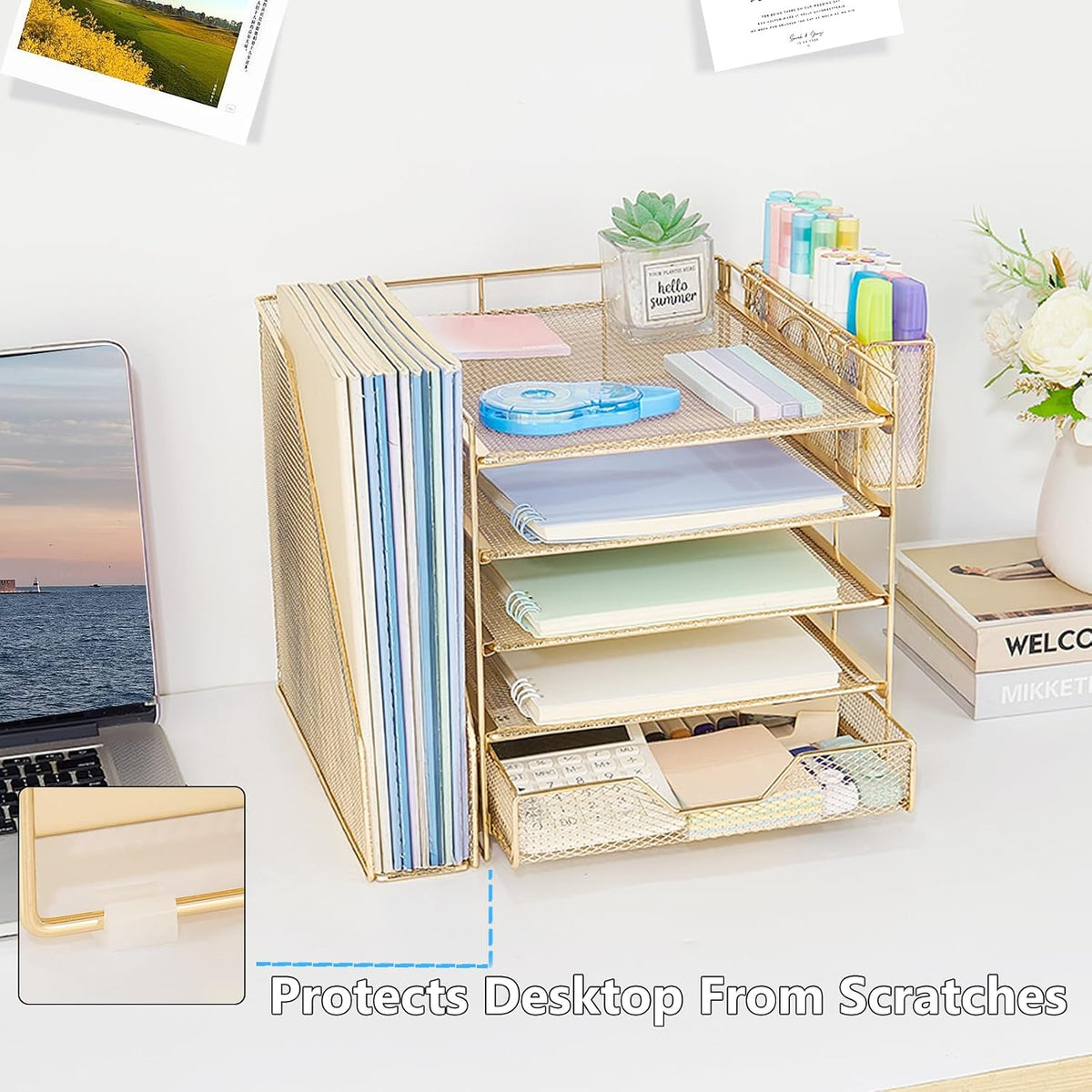5-Tier Desk File Organizer with Drawer & Pen Holder (Gold)