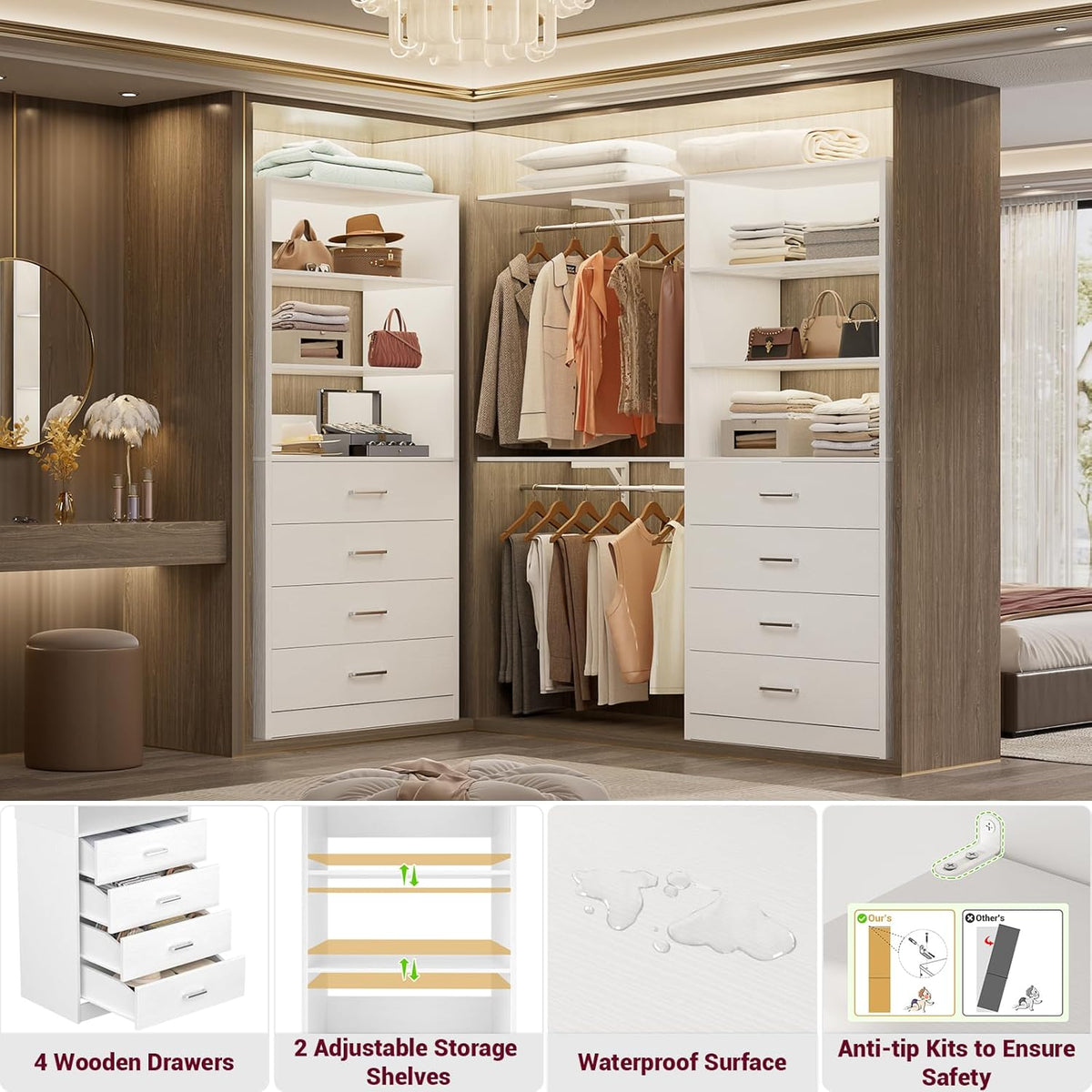 Aheaplus Closet Drawers System, 21.3" Wood Closet Organizer with 4 Drawers