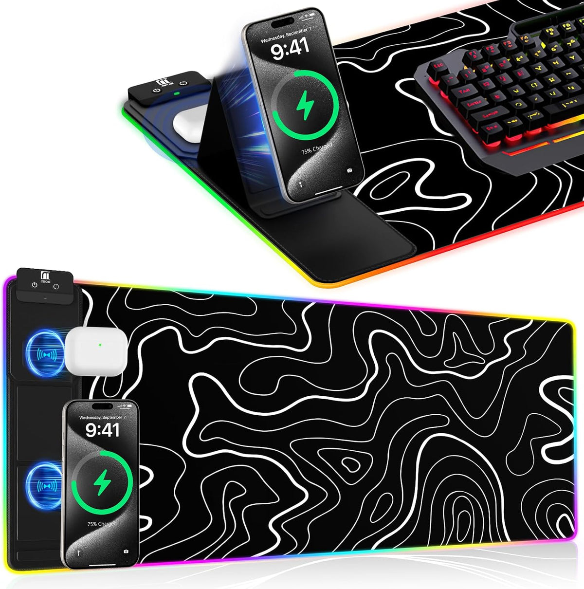 XXL Mouse Pad with Phone Holder, RGB Desk Mat with 15W Fast Charging, LED Large