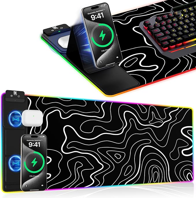 XXL Mouse Pad with Phone Holder, RGB Desk Mat with 15W Fast Charging, LED Large by miroddi