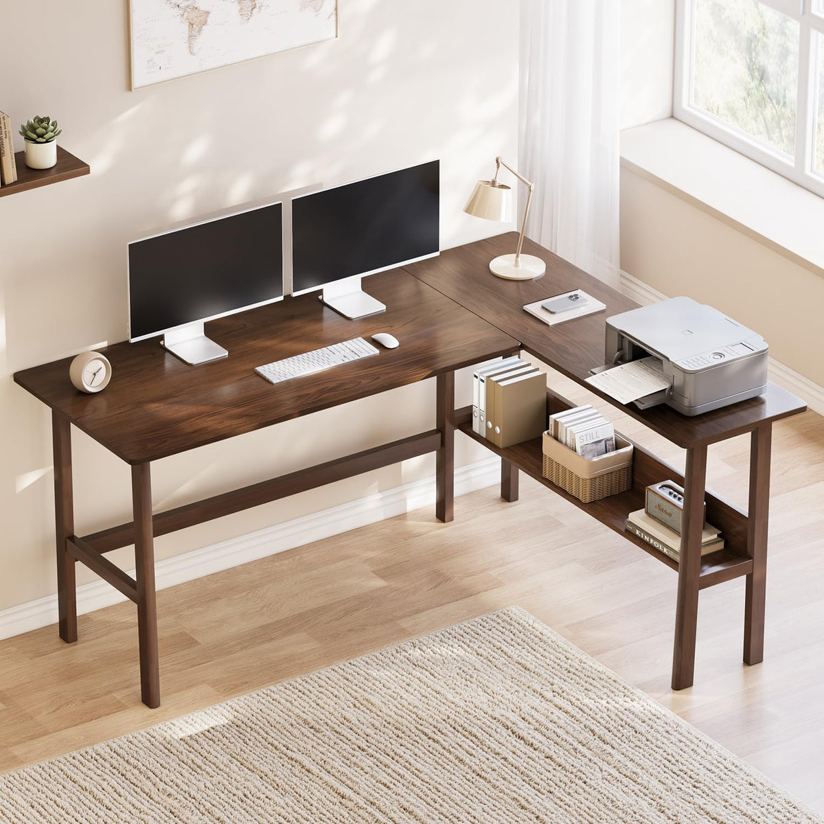 NELYE 63" Reversible L Shaped Desk with Shelf for Home Office, Walnut