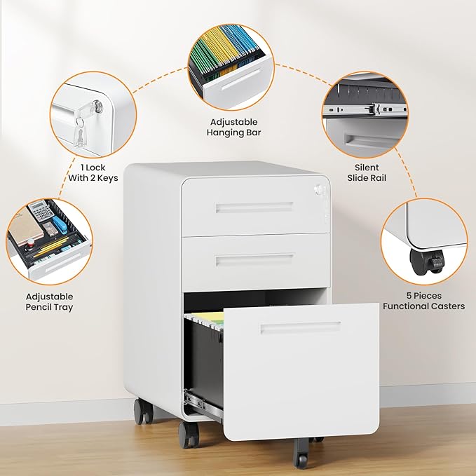 AFAIF 3 Drawer File Cabinet, Fully Assembled Mobile File Cabinets - Image 7