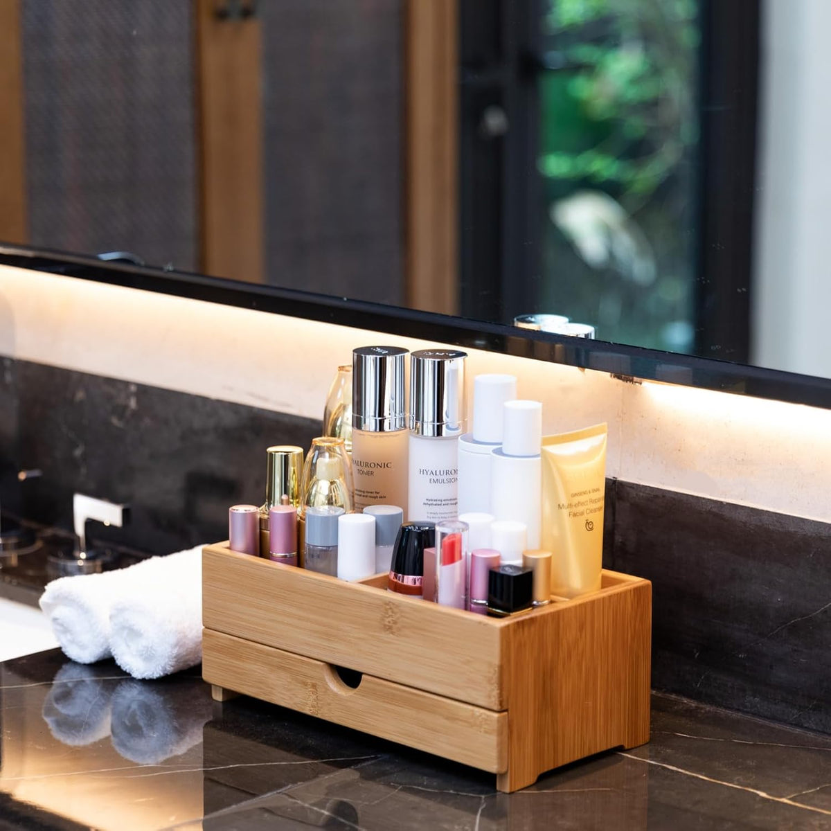 GOBAM Bamboo Makeup Organizer and Storage with Drawer, Wooden Cosmetic Organi...