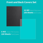 Binditek 200 Pack Binding Covers Set, 8.5x11 Inches, 8Mil PVC & 12Mil Poly | Binding Covers and Backs Set, Letter Size, 8 Mil Clear PVC Binding Cover, 12Mil Black Poly Cover, Square Corners, Unpunched
