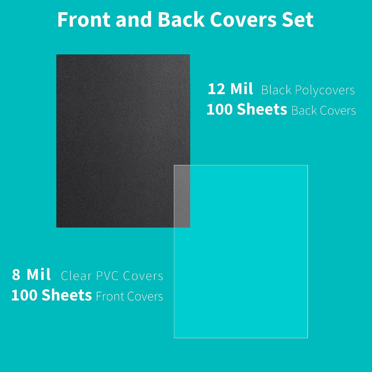 Binditek 200 Pack Binding Covers Set, 8.5x11 Inches, 8Mil PVC & 12Mil Poly | Binding Covers and Backs Set, Letter Size, 8 Mil Clear PVC Binding Cover, 12Mil Black Poly Cover, Square Corners, Unpunched