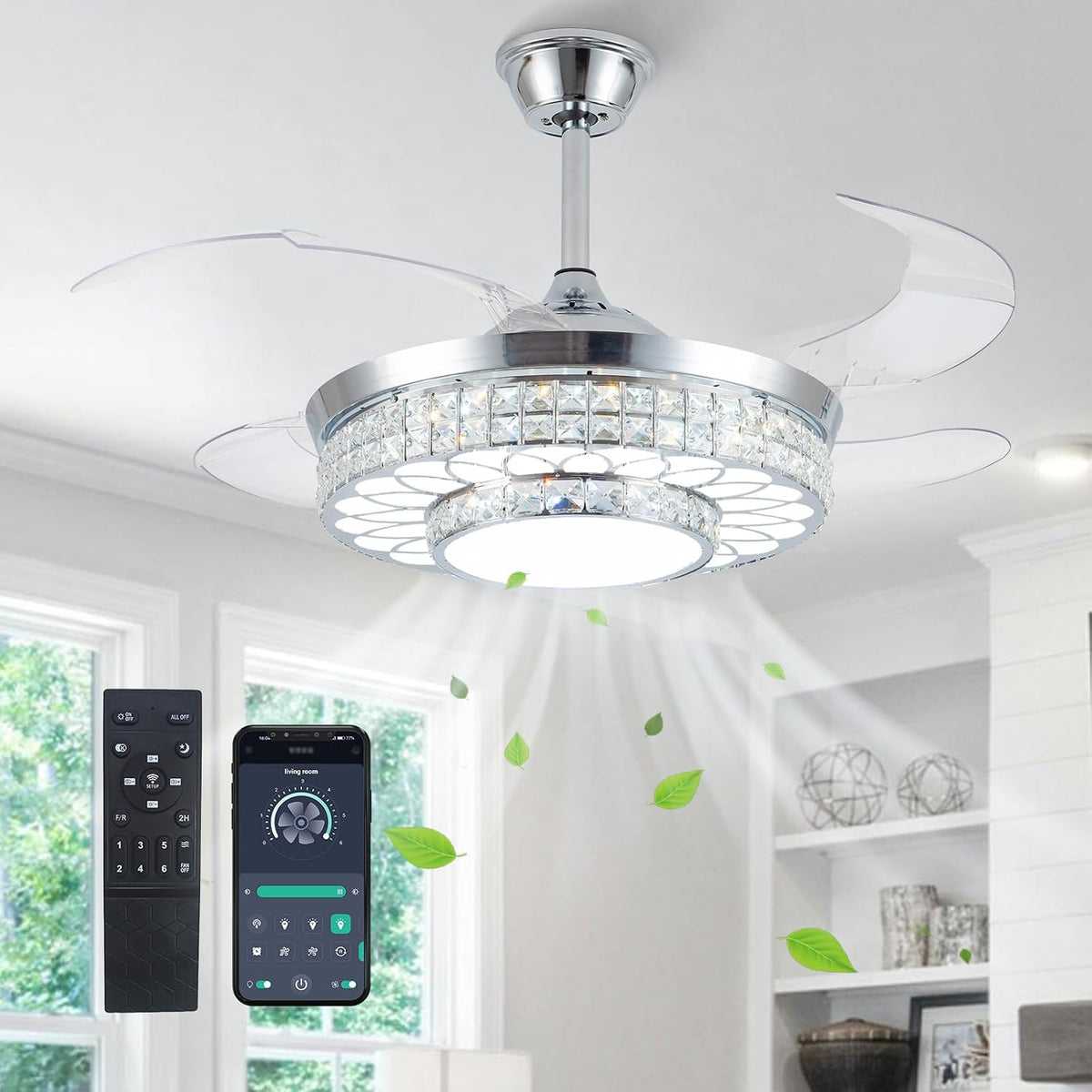 42" retractable ceiling fans with lights, crystal chandelier, main product view