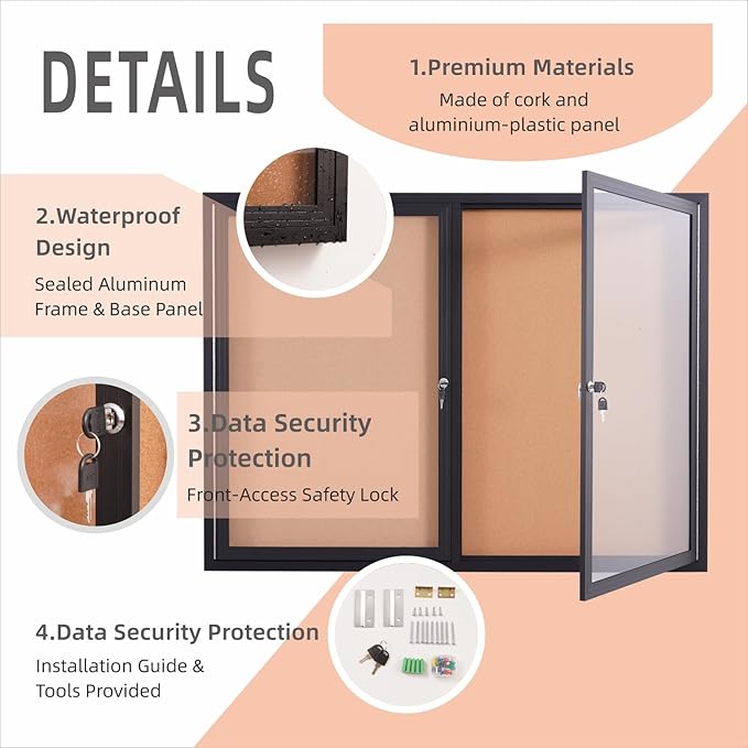 48x36 Inch Lockable Enclosed Bulletin Board, Weather-Resistant Outdoor - Image 3