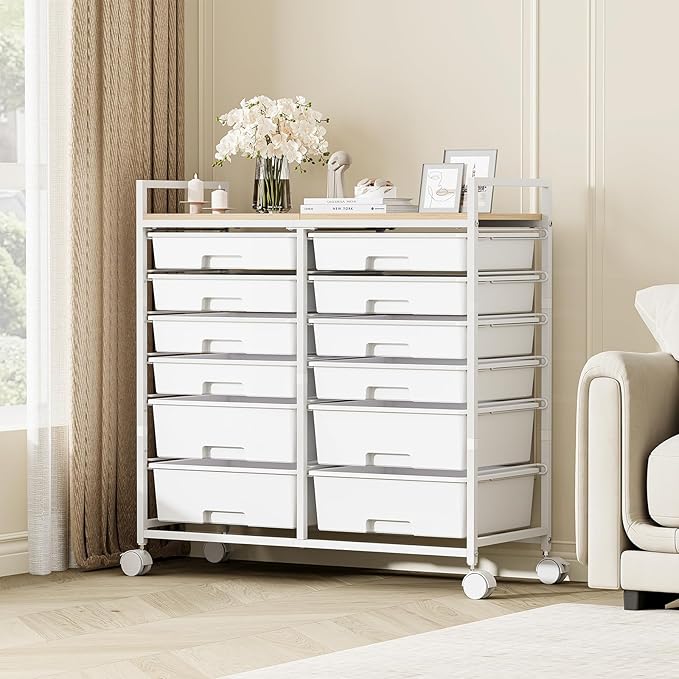 Rolling Storage Cart with 12 Drawers, Wooden Tabletop Utility Cart - Image 2