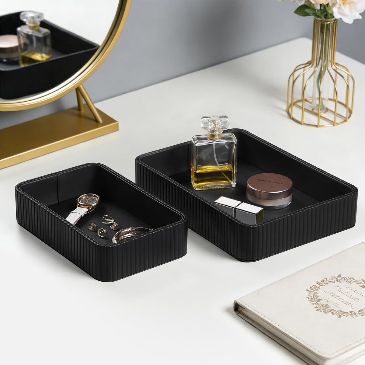 Desk Organizer Tray, PU Leather Nightstand Organizer, Black 2-Pack
