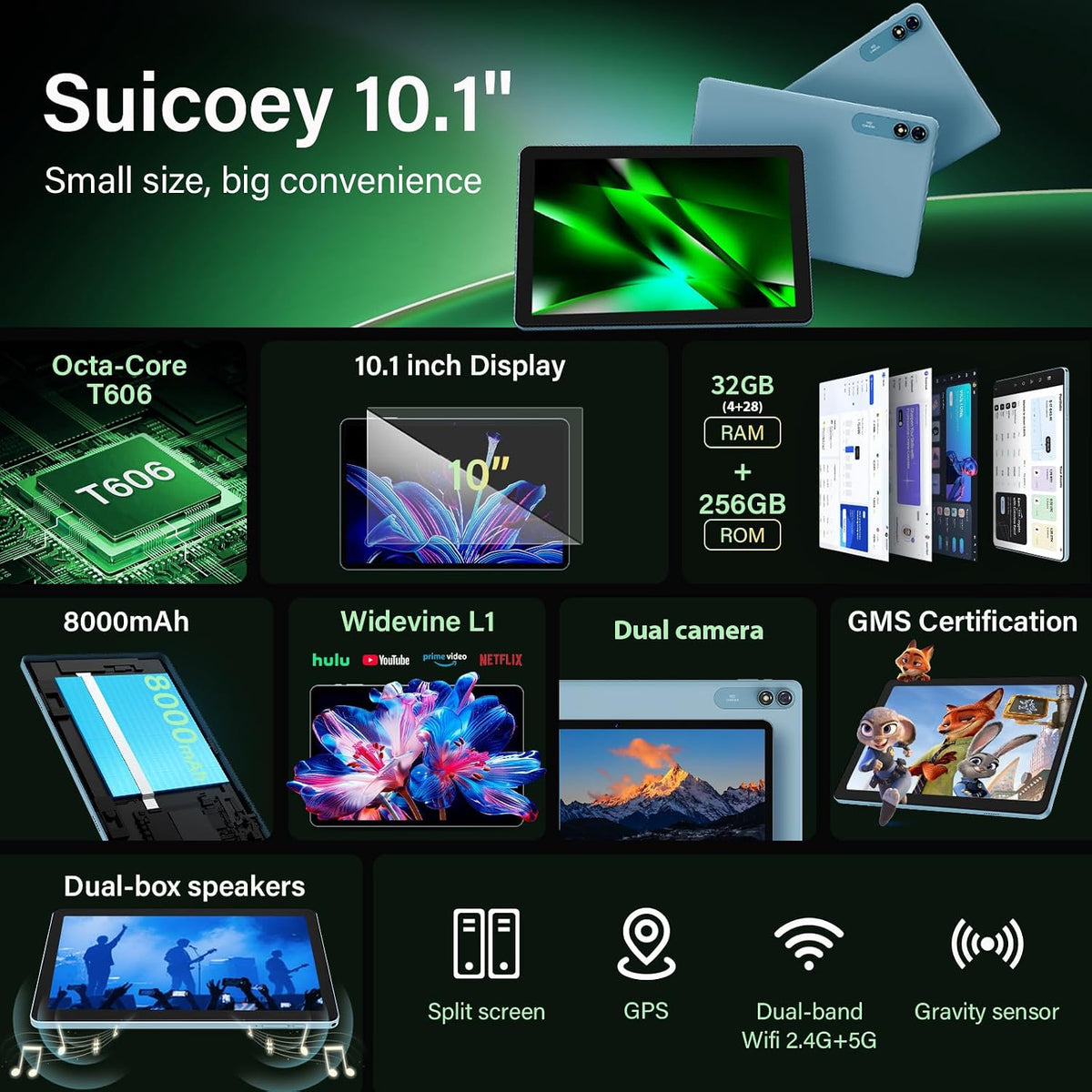 10 inch Tablet with Keyboard - Android 16 Tablet - 32GB+256GB+2TB (Black)