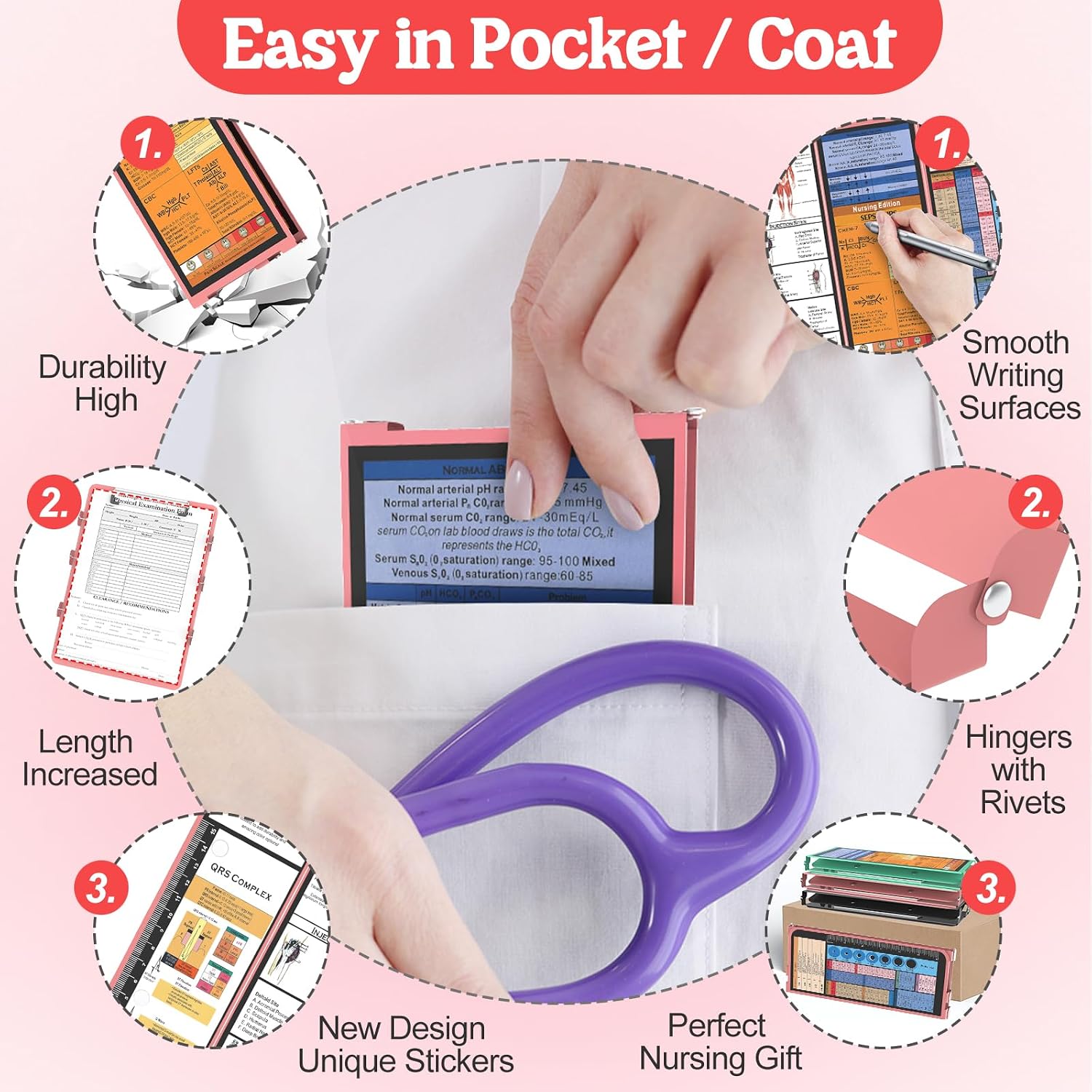 Nursing Clipboard Foldable, 4-Fold Aluminum Pocket Size, Rose | Folding Clipboard with Medical Cheat Sheets, Metal Pen Clip & Privacy Protection for Nurses, Nursing Students & Doctors