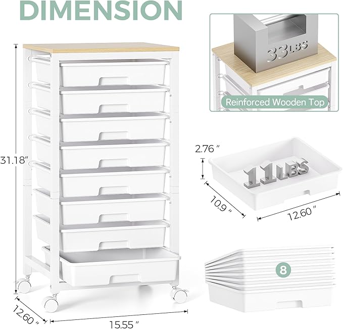 SYKIARIOL Rolling Cart with Drawers, 8 Drawer Rolling Cart, Rolling Drawer Cart - Image 2