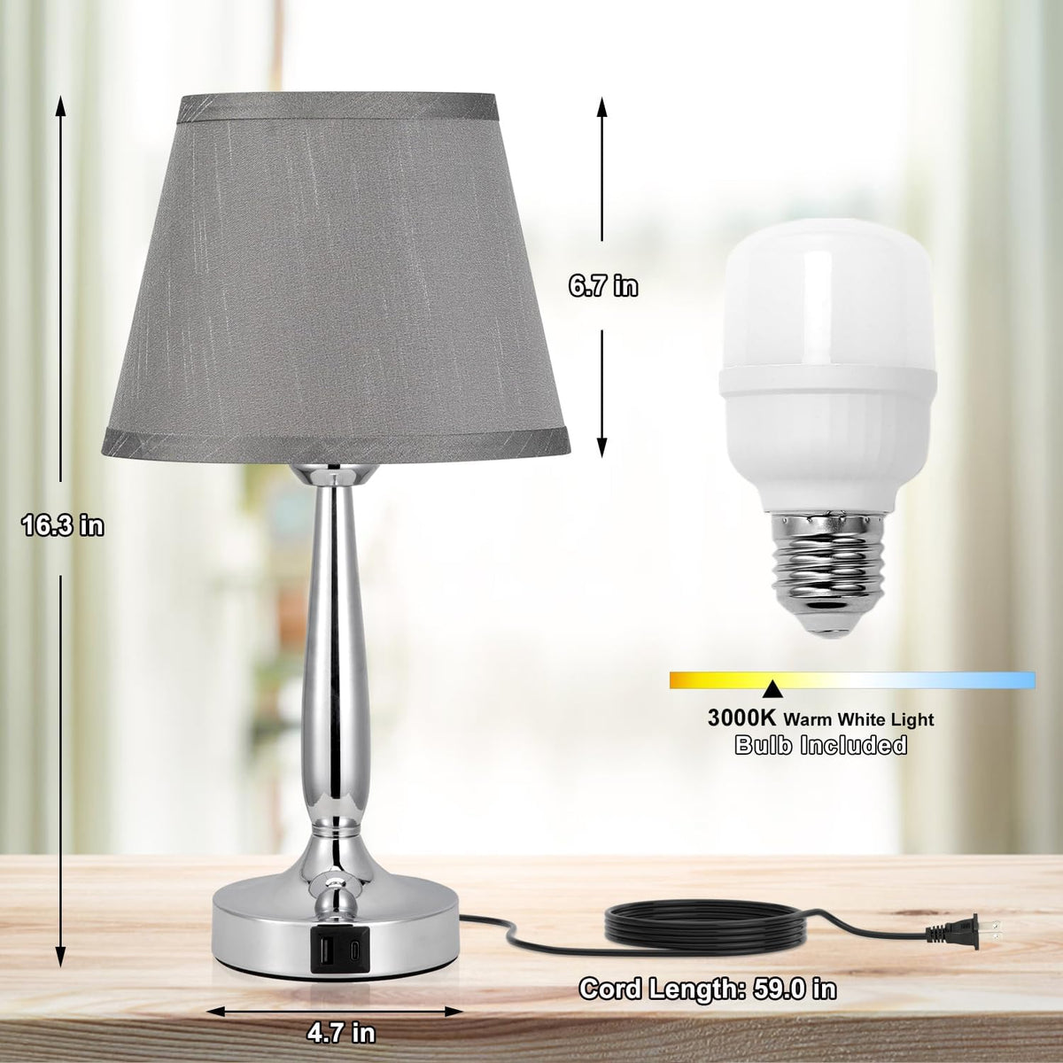Kakanuo Touch Table Lamp for Bedroom, Small Bedside Lamp with USB C Port
