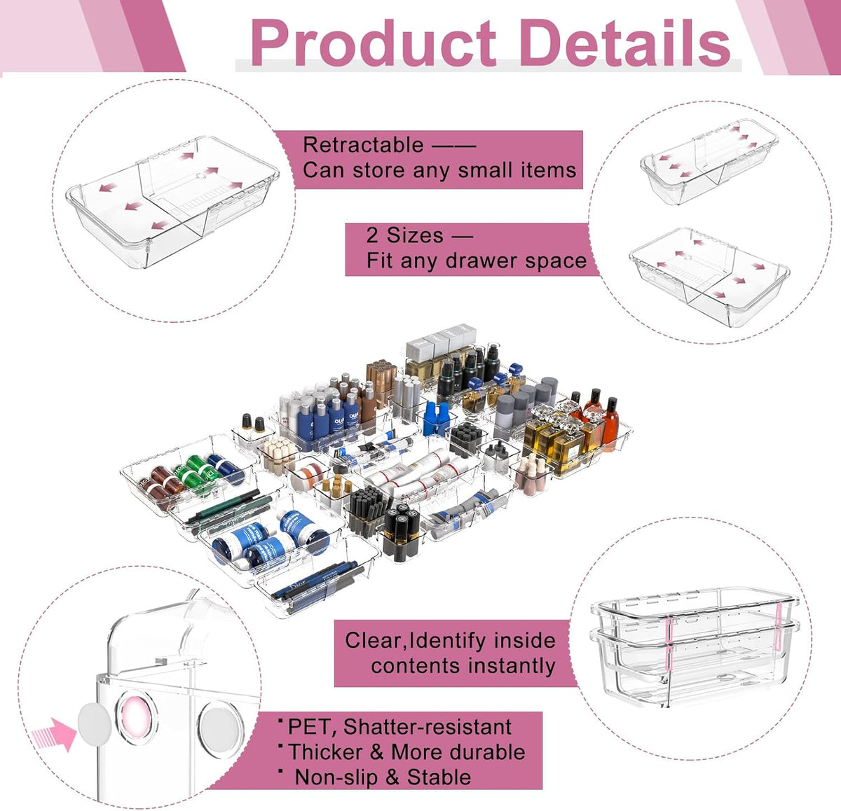 16 Pcs Upgraded Extendable Clear Drawer Organizer, Adjustable Vanity Storage ...