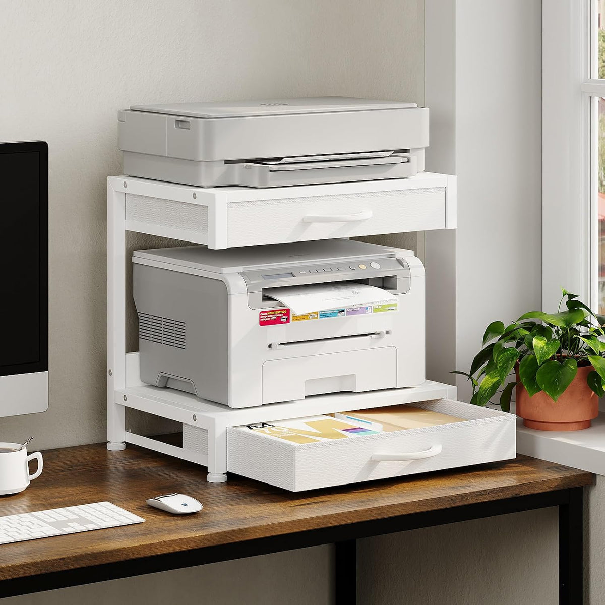 VENNQD 2-Tier Desktop Printer Stand with 2 Fabric Drawers, Prtiner Table with...