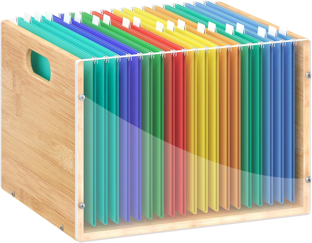 Sbanmao Clear Acrylic File Box Organizer, Bamboo Hanging Folder Storage Boxes...