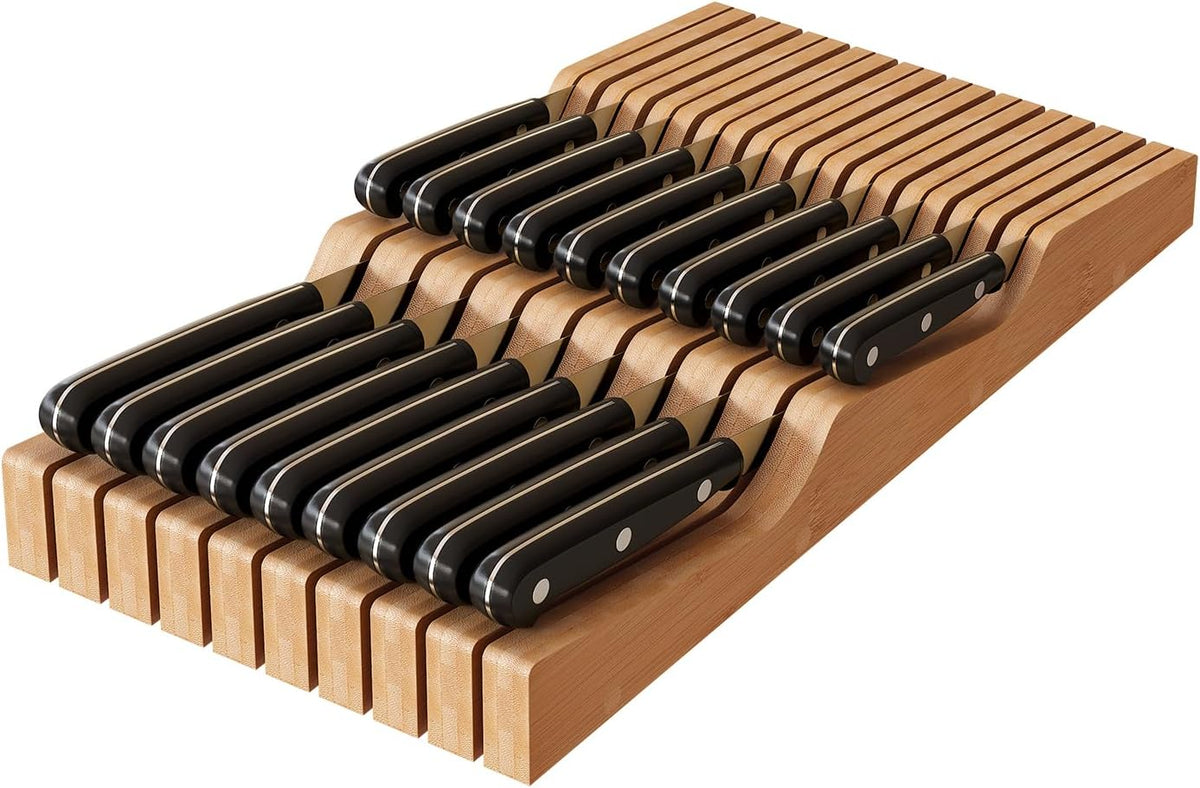 In-Drawer Knife Block Organizer - Bamboo Wood Drawer Knife Organizer-Protecti...