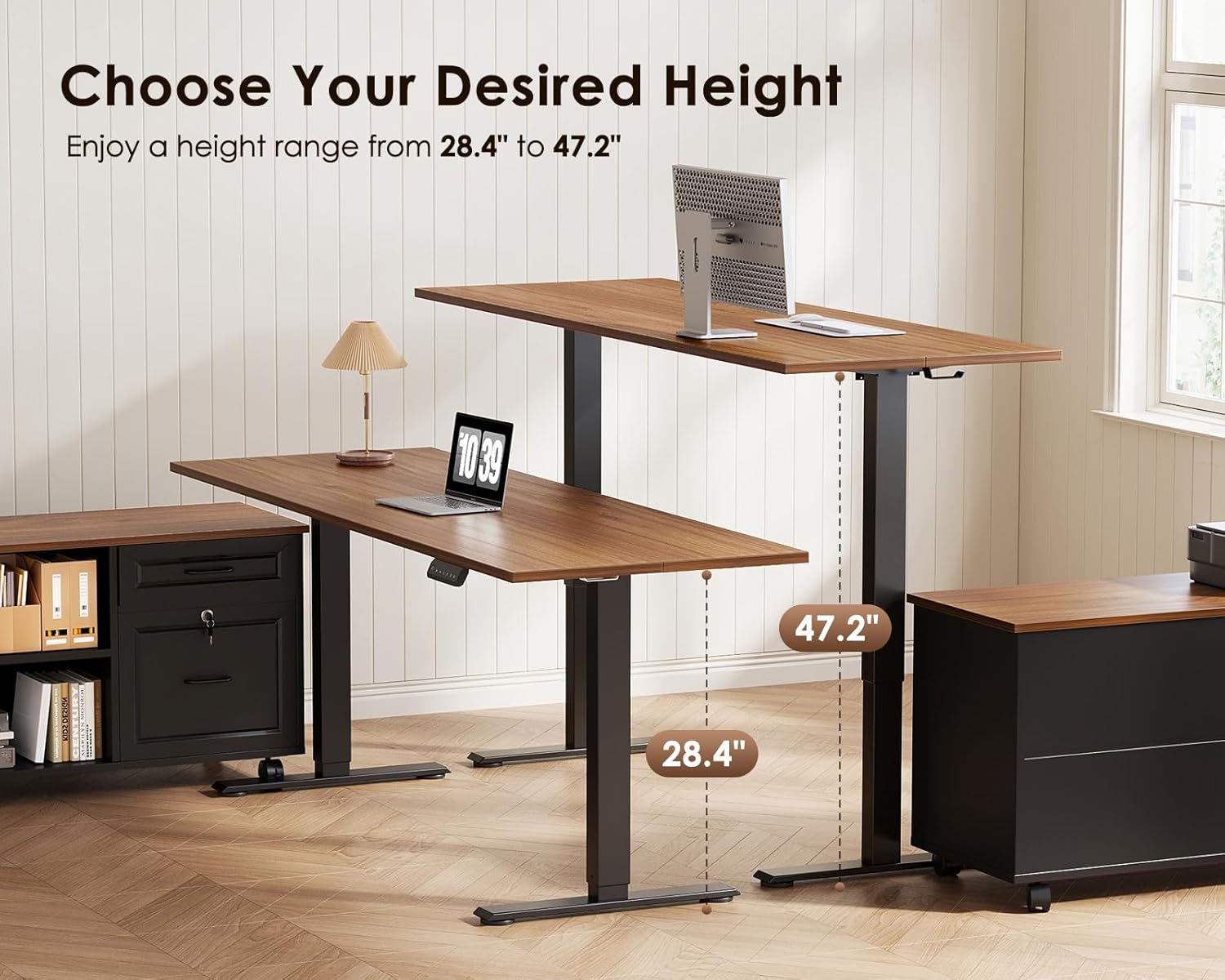 55" L Shaped Electric Standing Desk with Cabinet Sets, Walnut/Black | Mobile Drawers & File Cabinet Sets for Flexible Layout, Height Adjustable Executive Stand Up Desk for Home Office Workstation