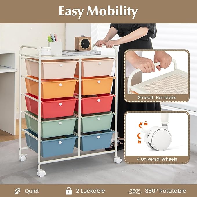 LDAILY 10 Drawer Rolling Cart, Storage Cart Organizer on Wheels, Drawer Cart - Image 4