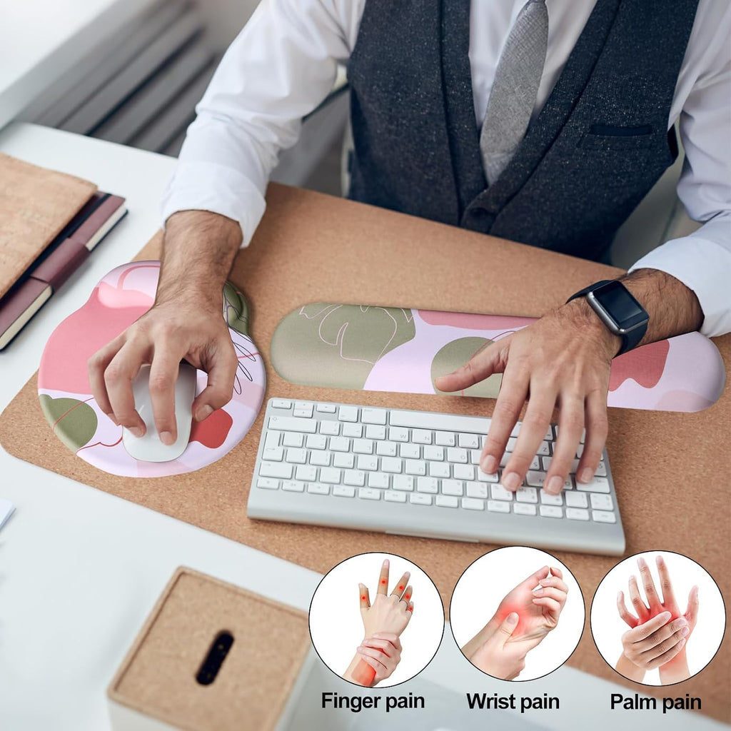 Keyboard Wrist Rest Mouse Pad with Wrist Support, Gaming Mousepad with Non-Slip Base, Ergonomic Mouse Wrist Arm Cushion Support for Home Office Laptop Computer, Easy Typing Pain Relief, Pink Flower