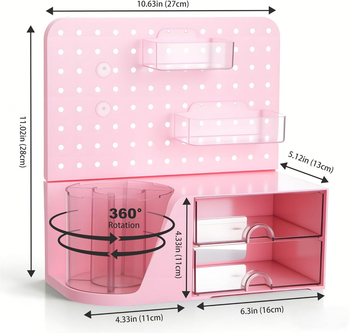 comix desk organizer with 2 drawer, pink 360° shown in use