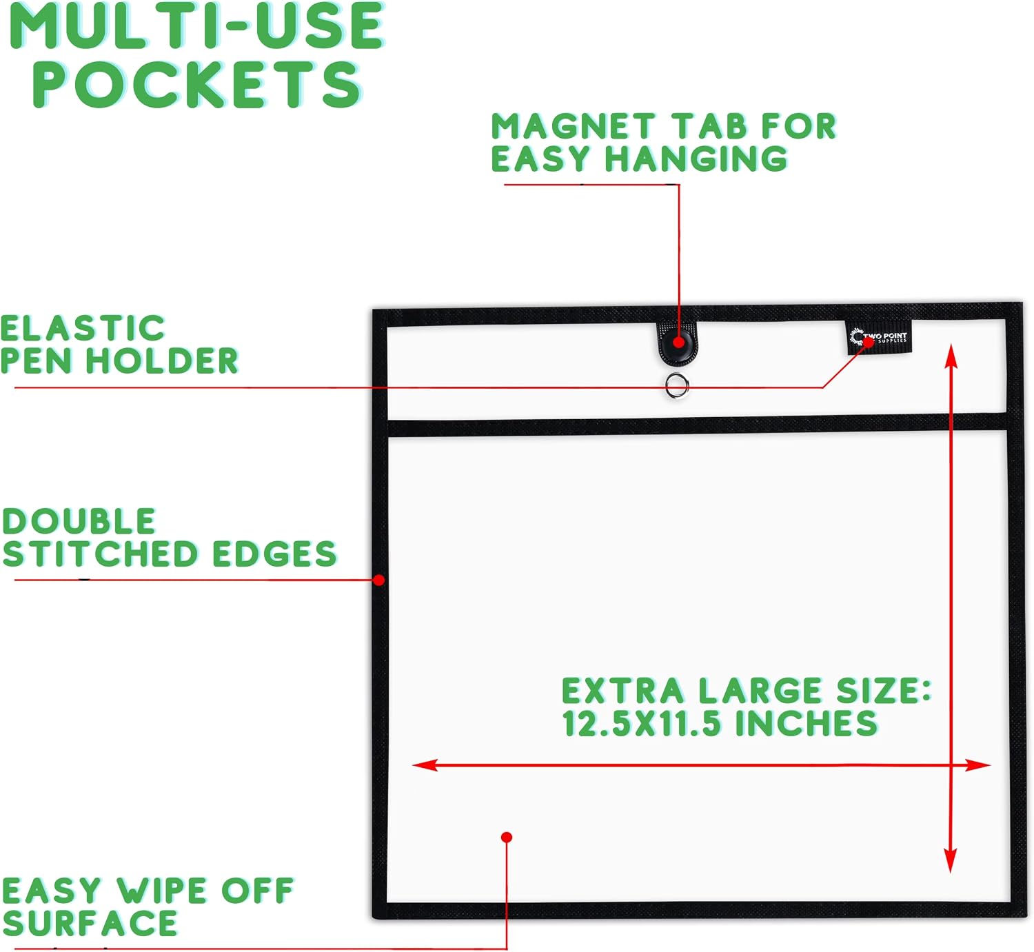 Magnetic Dry Erase Pockets by Two Point (30-Pack) - Landscape - Black Dry Erase Pocket Sleeves, Job Shop Ticket Holders, Clear Paper Sleeves Protector, Magnetic Pouch