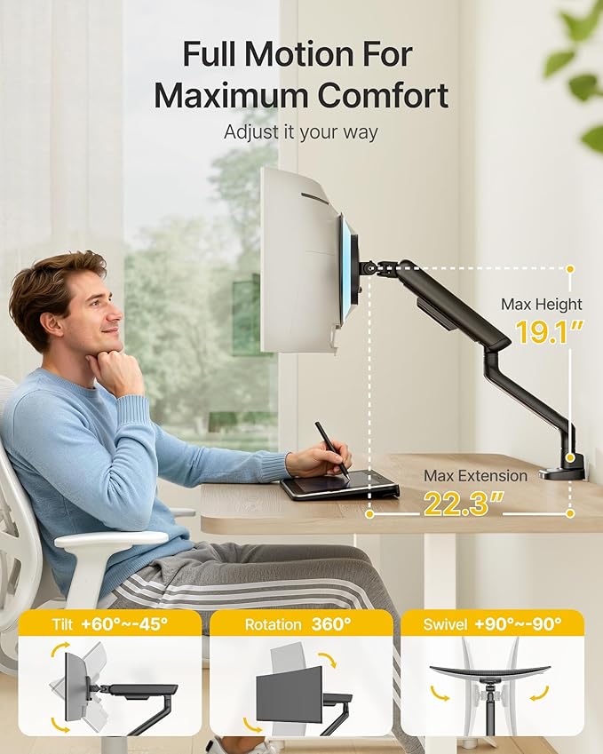 monTEK Single Monitor Arm, Mechanical Spring Monitor Arm - Image 3
