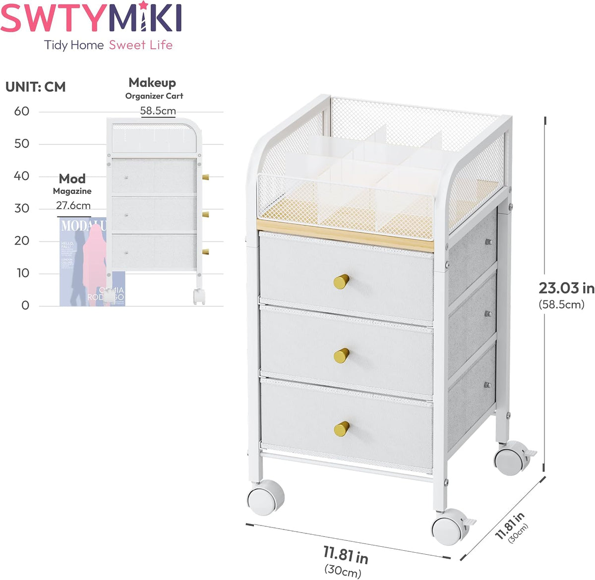 SWTYMIKI Rolling Makeup Organizer Cart - Under Desk Vanity Makeup Storage wit...