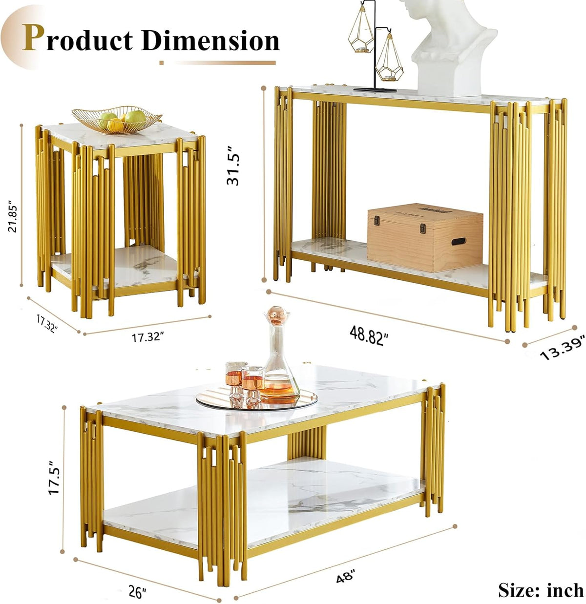 Elegant Faux Marble Coffee Table Set - Modern White Console & End Tables ...