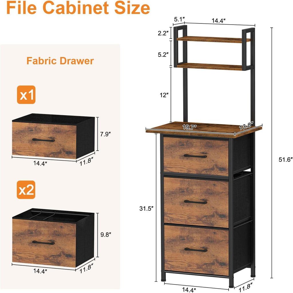 Snughome 3 Drawer Tall File Cabinet with 19.7'' Extended Desktop, 3-Tier Filing Cabinet for Home Office 51.6''H Vertical File Cabinet Printer Stand with Drawers, Fits A4/Letter/Legal,Rustic Brown